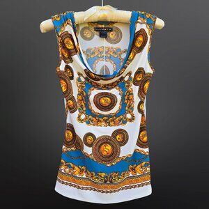 Y2K Baroque print Sleeveless Top Cowl Neck Stretch chain Print Top Size XS S